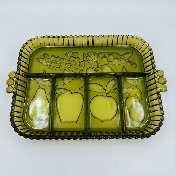 Indiana Glass Olive Green Divided Relish Tray Platter Snack Plate Fruit Design - Picture 3 of 7